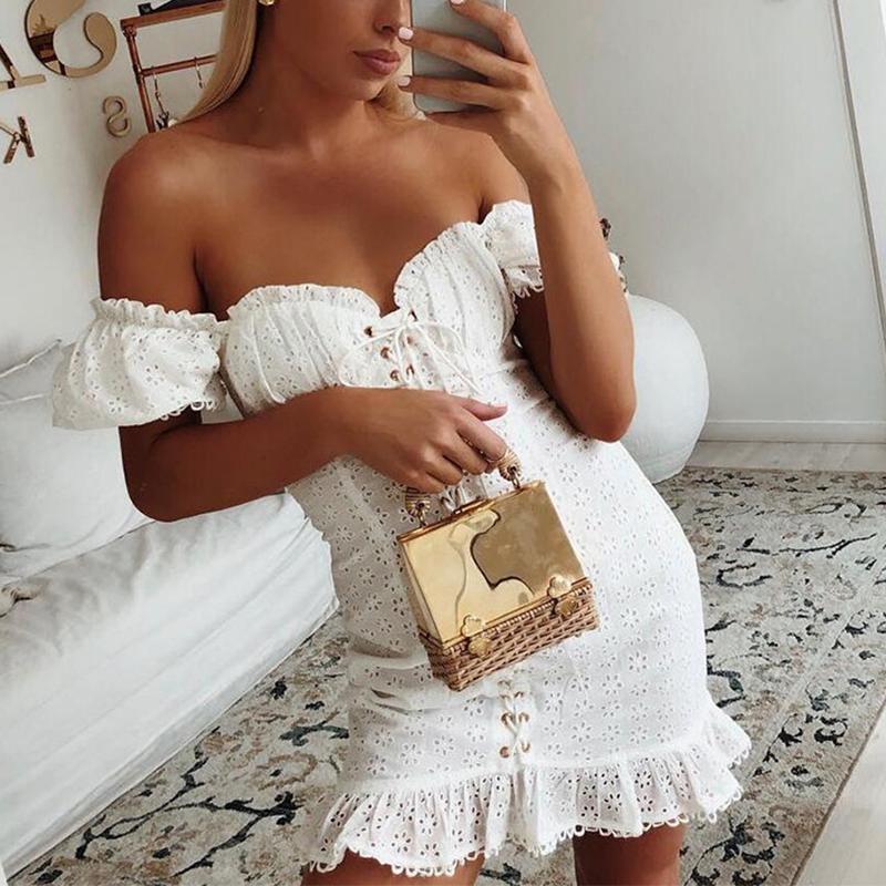 Elegant lace up white women dress Autumn puff sleeve ruffles