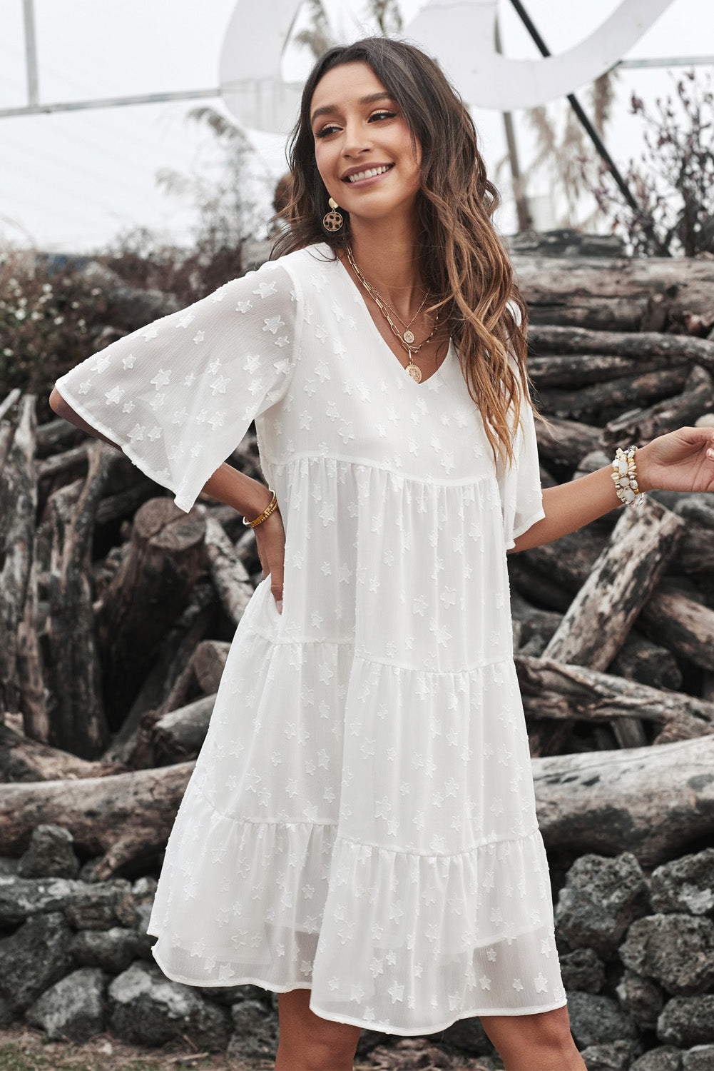 White V Neck Tiered Babydoll Lace Dress