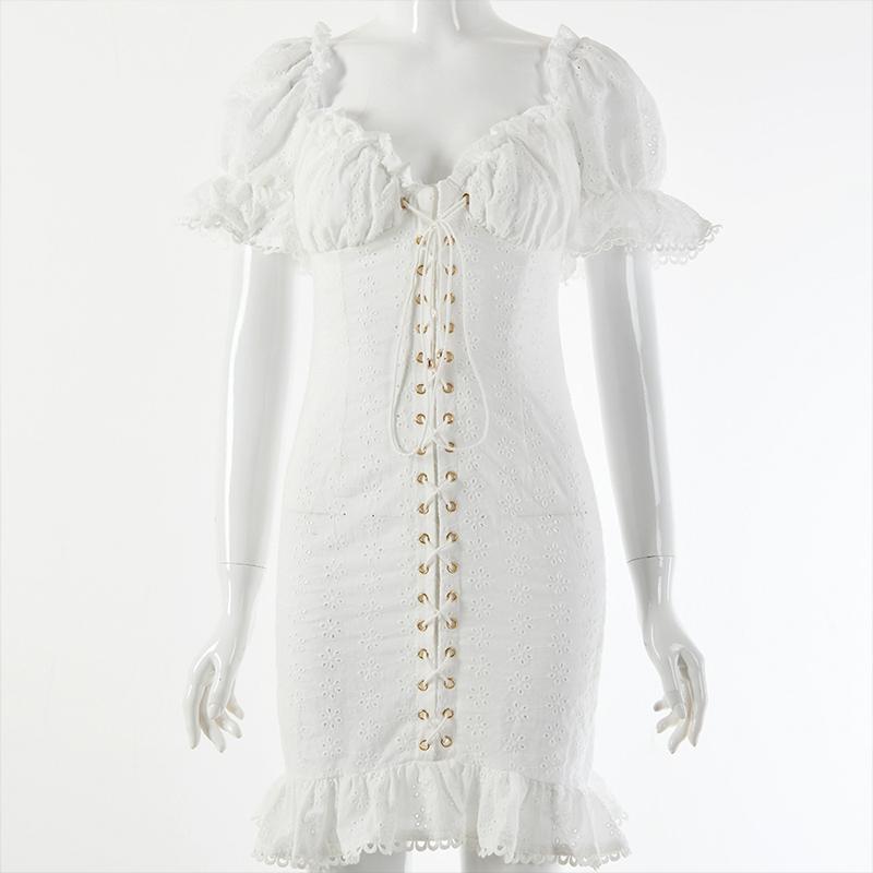 Elegant lace up white women dress Autumn puff sleeve ruffles