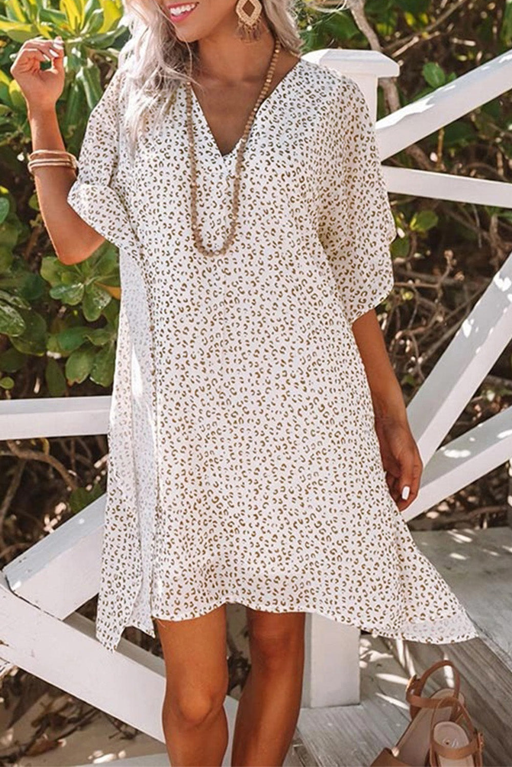 White Loose Fit V Neck Leopard Print Shift Mini Dress