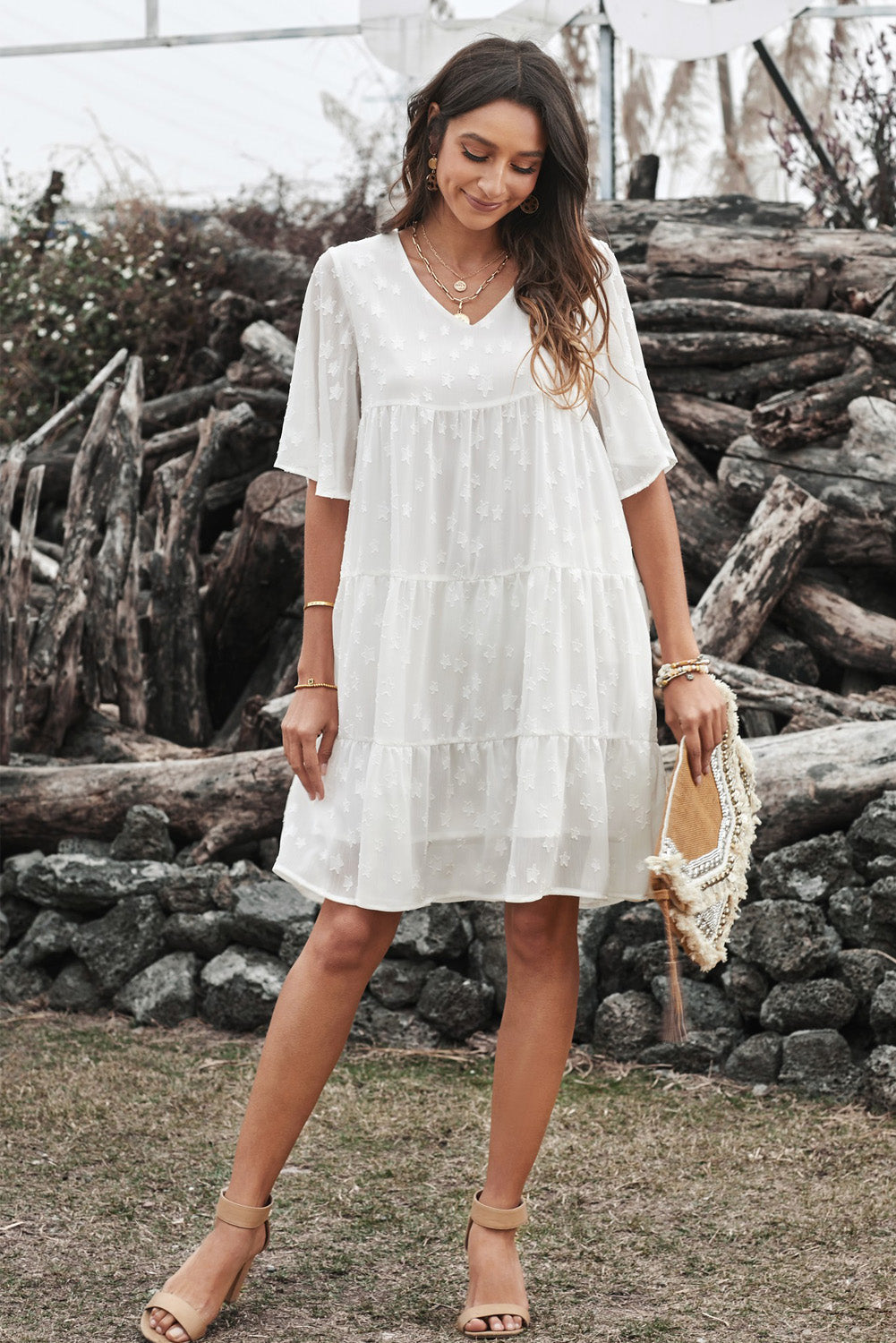 White V Neck Tiered Babydoll Lace Dress