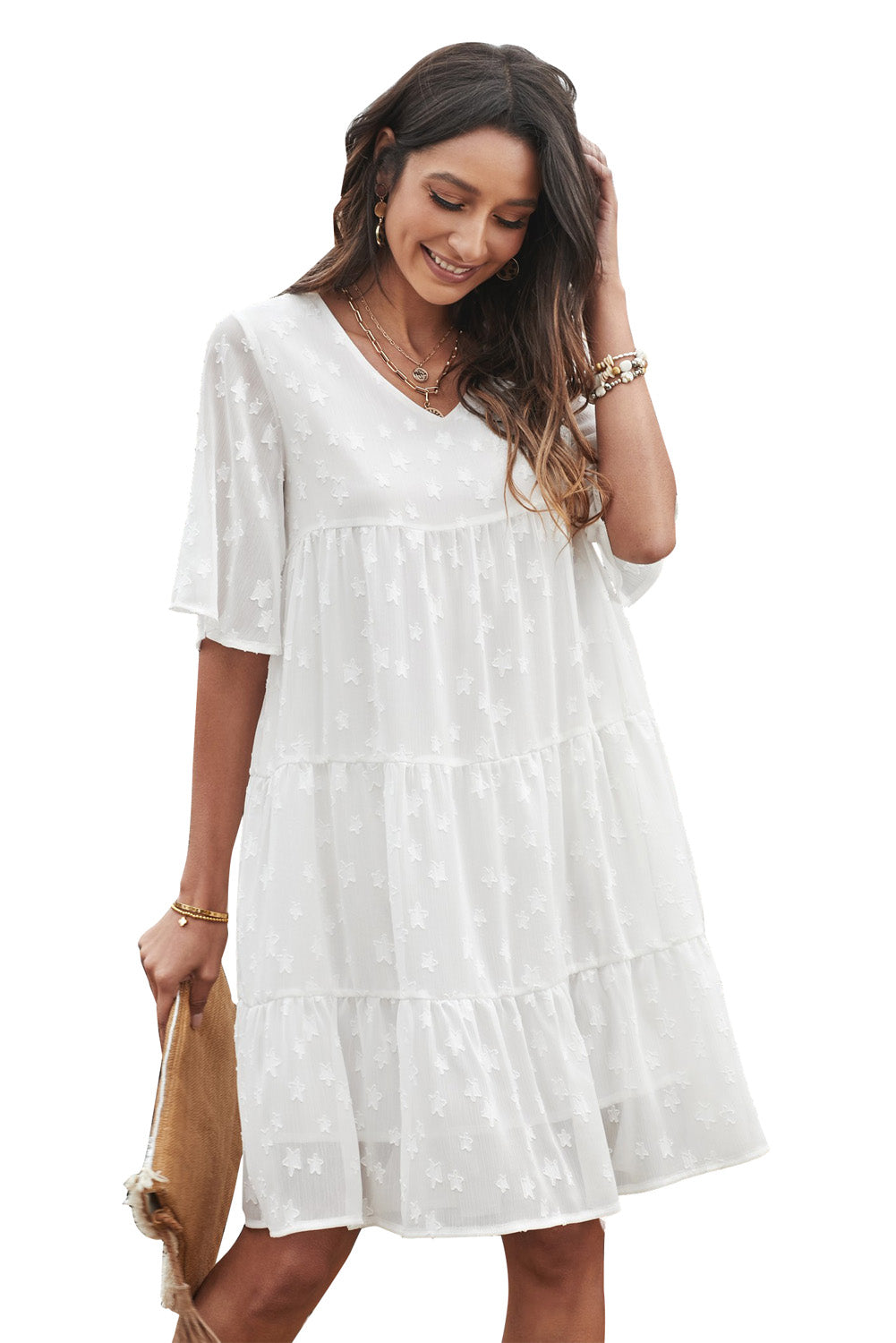 White V Neck Tiered Babydoll Lace Dress