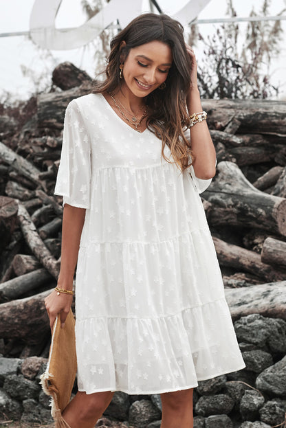 White V Neck Tiered Babydoll Lace Dress