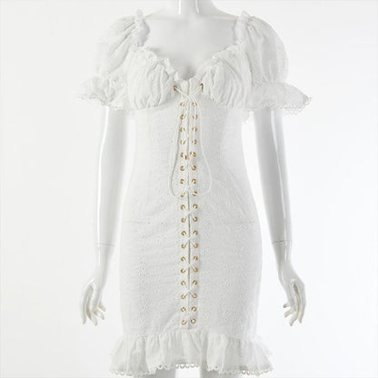 Elegant lace up white women dress Autumn puff sleeve ruffles