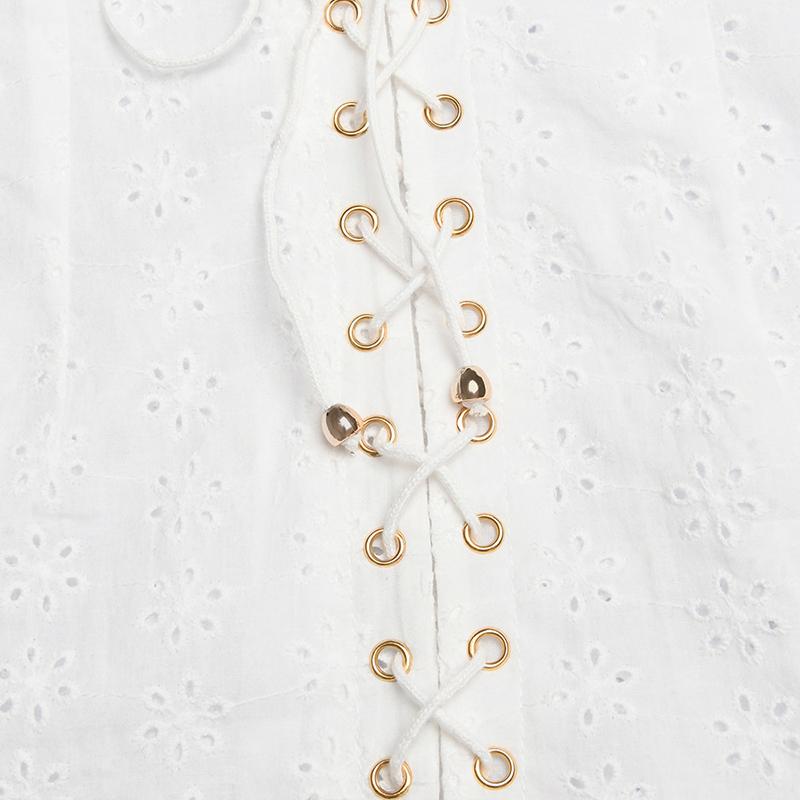 Elegant lace up white women dress Autumn puff sleeve ruffles