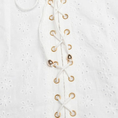Elegant lace up white women dress Autumn puff sleeve ruffles