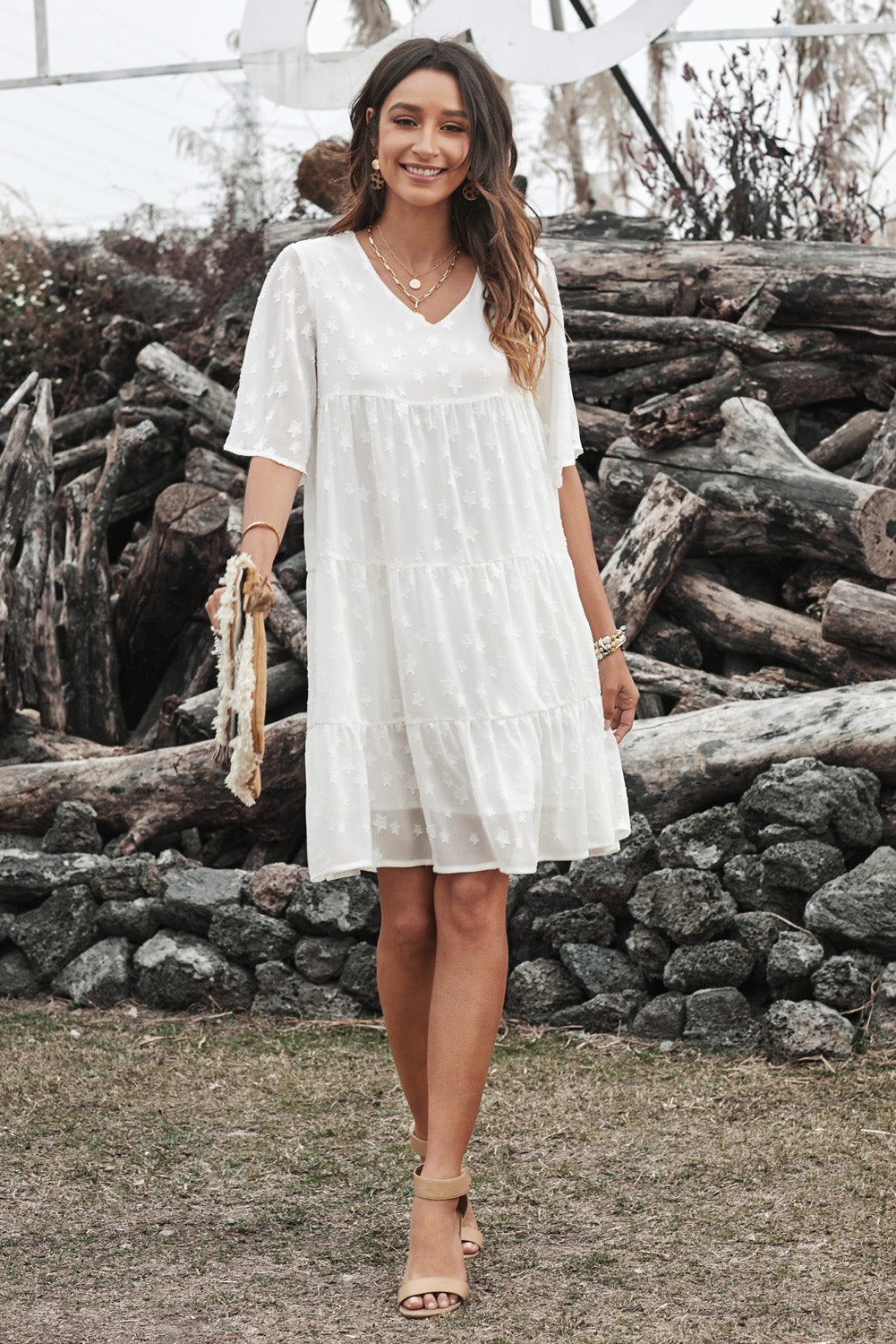 White V Neck Tiered Babydoll Lace Dress