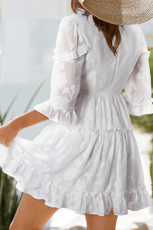 White Sheer Jacquard Ruffle Trim Half Sleeve Dress