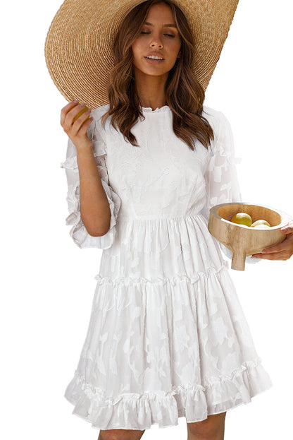 White Sheer Jacquard Ruffle Trim Half Sleeve Dress