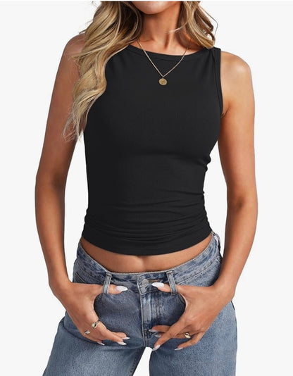 Womens Sleeveless Ribbed Tank Tops Boat Neck Slim Fit Shirts Summer Be